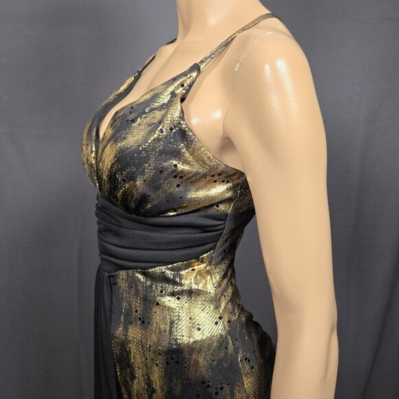 Y2K Art Deco Maxi Dress Womens Size M Gold Glitter Black Slinky Party Cocktail - Picture 10 of 13